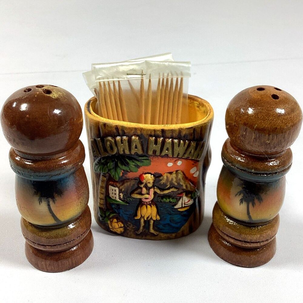 Vtg Japan Hand Painted Wood Salt Pepper Shakers Toothpick Holder Hawaii Souvenir